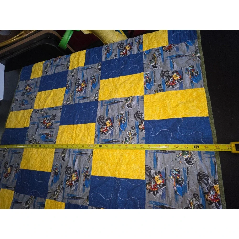 Handmade Disney Mickey Mouse Racing Patchwork Quilt Toddler Blanket 38x38 Blue